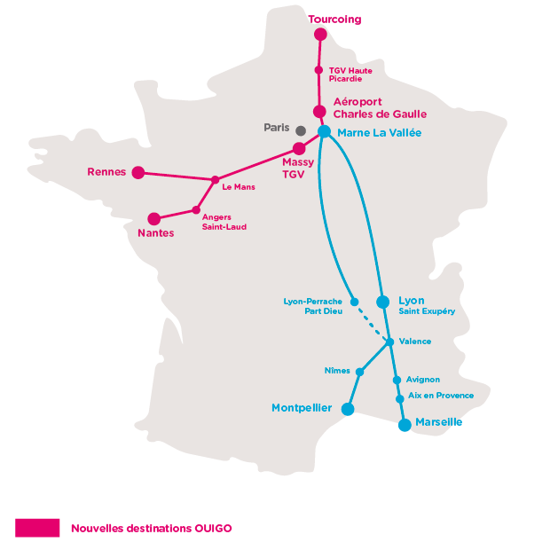 Carte Destination réseau lignes TGV OUIGO été 2016 lignes de train