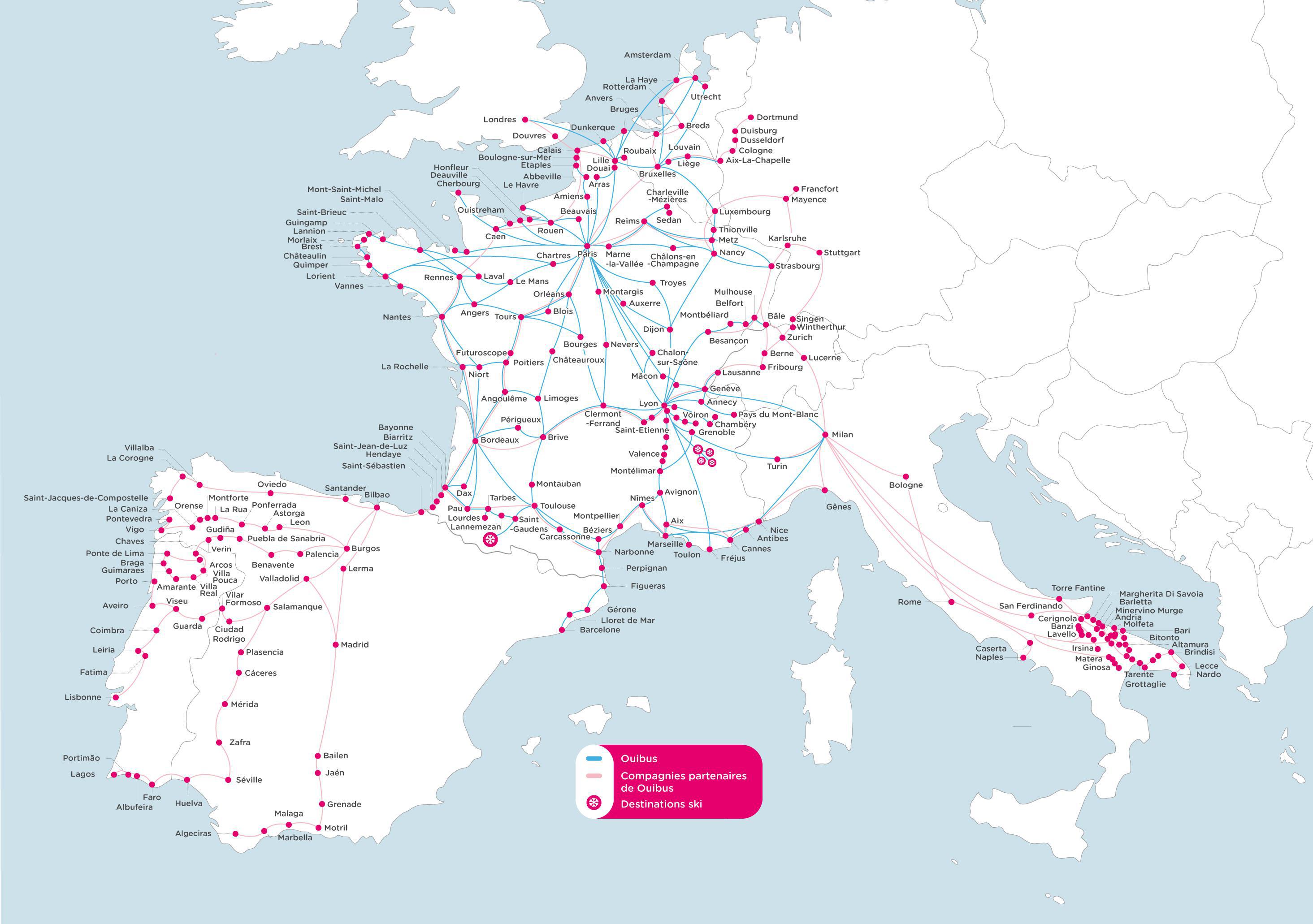 Carte réseau de bus OUIBUS, destinations, villes desservies