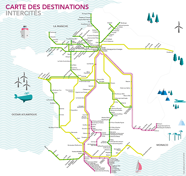 Carte destinations intercités SNCF, villes desservies, réseau