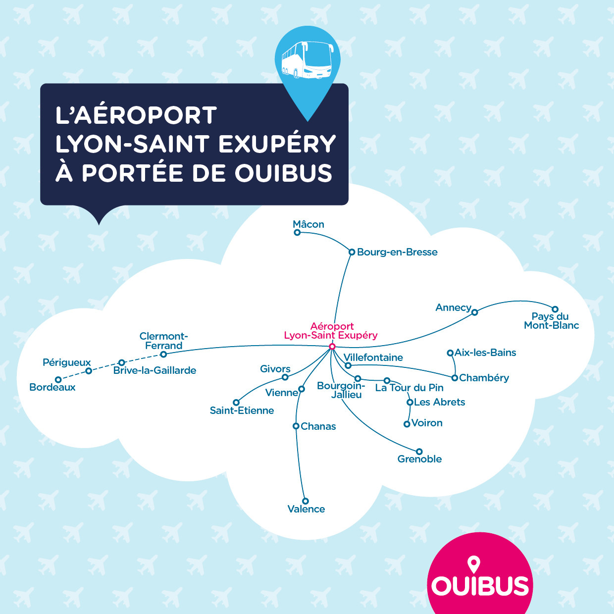 Carte lignes de bus réseau OUIBUS aéroport Lyon Saint Exupéry 