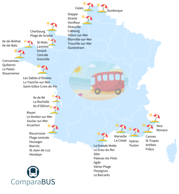 Carte des plages accessibles en bus en France