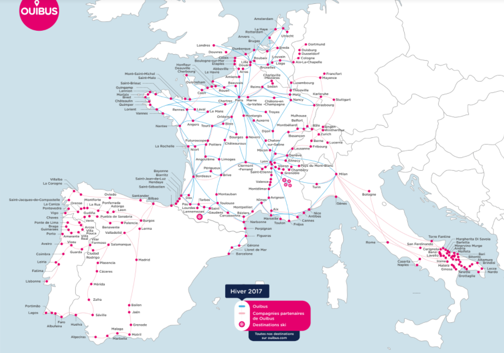 OUIBUS carte réseau lignes bus Europe