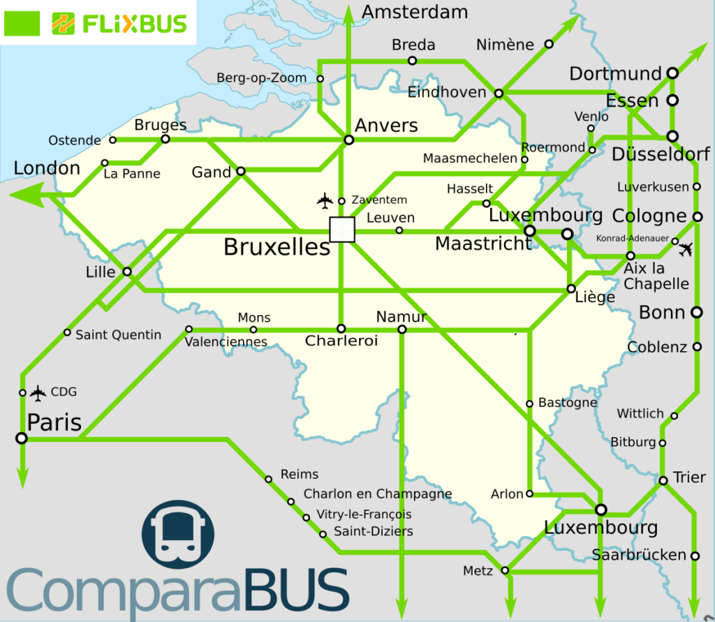 Carte réseau lignes de bus Belgique FlixBus destinations villes desservies