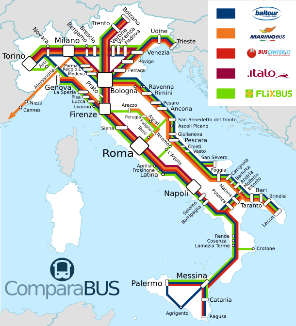 Carte ligne de bus en Italie, destinations, villes desservies